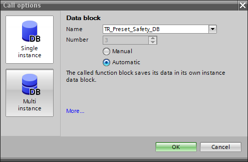 To execute the preset block, call it up in Network 3 of the Main_Safety_RTG1 (FB1) block.