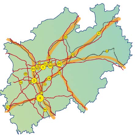 Nordrhein-Westfalen bietet ein dichtes Netzwerk mit starken Verbindungen 14 Züge wöchentlich zwischen dem Hamburger Hafen und dem Dortmunder Hafen KV Terminal in Bönen der Firma Denninghaus mit zwei