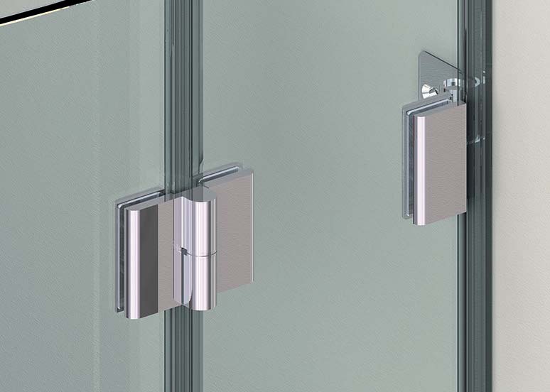Serie 841 Liftscharnieren voor douchecabines leverbaar in de uitvoering voor glas/ wand en glas/glas, die de deur naar boven bewegen bij het opendraaien.