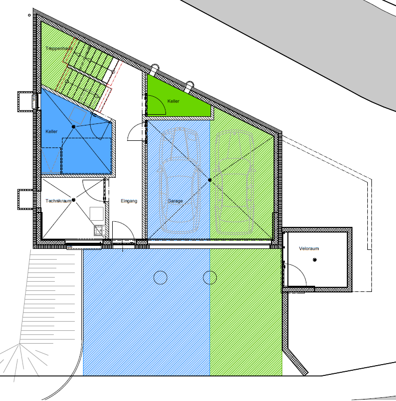 Grundriss Kellergeschoss Zu den Wohnungen gehören die zwei Keller, sowie die Garage und drei Parkplätze vor dem Haus