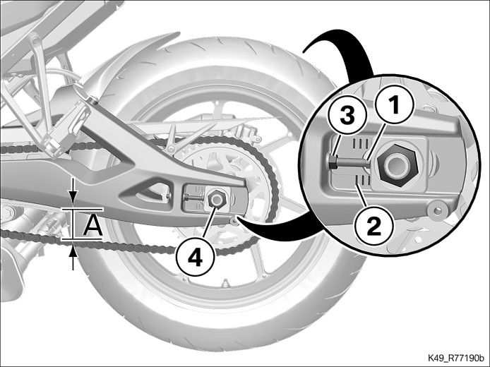 Schmiermittel Optimoly TA 18 21 9 062 599 Hinterrad (2) ausrichten, ggf. anheben und Steckachse (1) mit Kettenspanner rechts (3) einbauen. Kettenspanner links (4) einsetzen.