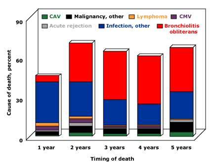 The predominant causes of death vary according to the time elapsed since lung transplantation, although infection and rejection account for the greatest proportion of deaths in all groups.