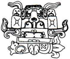 [46] Die zoomorphe Darstellung zeigt die skelettierten Kinnbacken des Portals in die Jenseitswelt Xibalba, in der alle Zoomorphe skelettiert dargestellt werden. Ein solches Portal findet man z.b. in der Architektur des Tempels 11 in Copan.