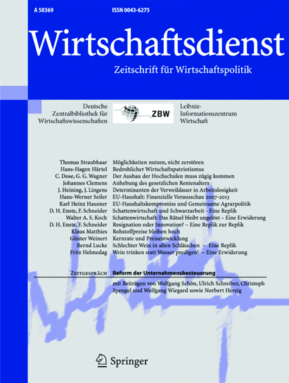 springer.de Wirtschaftsdienst 12 Hefte jährlich. ISSN 0043-6275 (Druckversion) ISSN 1613-978X (Online Version) Titel Nr.