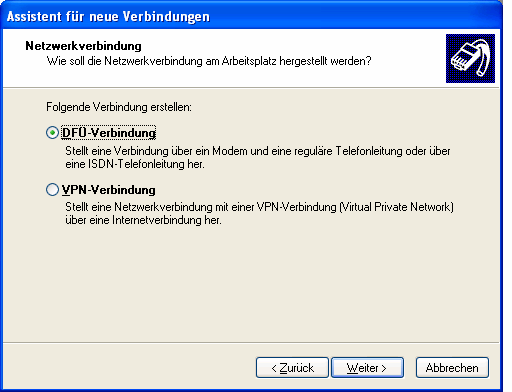 2.3 DFÜ-Verbindung unter Windows XP einrichten 1.) Installieren Sie eine neue Netzwerkverbindung. Start => Einstellungen => Netzwerkverbindungen => neue Verbindung 2.