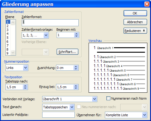 b) Mit der Taste Anpassen das Fenster Gliederung anpassen öffnen. Die Taste Erweitern (unter der Taste Abbrechen) betätigen, um alle Optionen des Fensters sichtbar zu machen.