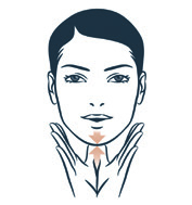 Auf beiden Gesichtshälften: Außen seite vom Kinn zur Wange und vom Nasenflügel über den Wangenknochen zur Stirn hin glatt