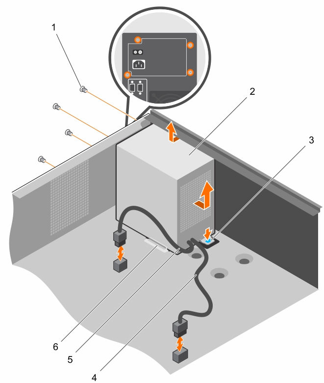 Abbildung 31. Entfernen und Installieren des Netzteils Nächste Schritte 1. Schrauben (4) 2. Netzteil 3. Freigabelasche 4. P1-Stromkabel 5. P2-Stromkabel 6.