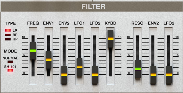 Ebenen Klangsynthese Die Filter-Sektion bietet Parameter zur Steuerung des resonanzfähigen Multimode-Filters: Klangsynthese VCF Filter-Sektion Folgende Parameter sind verfügbar: Type Hier kann einer