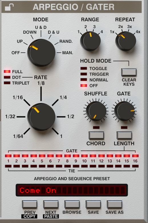 Ebenen Arpeggiator Arpeggiator LuSH-101 verfügt über eine sehr umfangreiche Arpeggiator-Sektion. Wie auch die anderen Module einer Ebene, arbeitet auch der Arpeggiator unabhängig für jede Ebene, d.h. der Arpeggiator kann für jede Ebene ein- oder ausgeschaltet werden.