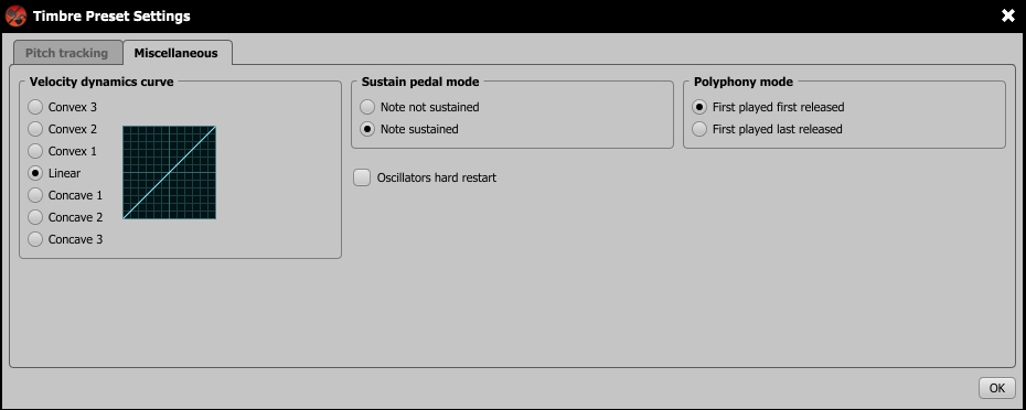 Ebenen Timbre Preset-Einstellungen Miscellaneous Tab Timbre-Preset-Einstellungen - Pitch tracking Tab In diesem Tab gibt es die folgenden Einstellungsmöglichkeiten: Velocity dynamics curve Erlaubt