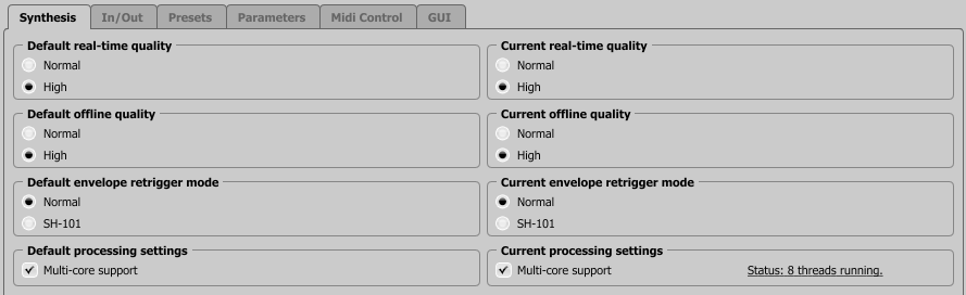 Konfiguration Preset-Browser Synthesis-Tab In diesem Tab können die Optionen zur Klangverarbeitung, und die Klangqualität des Synthesizers eingestellt werden: Optionen Synthesis-Tab Current Quality
