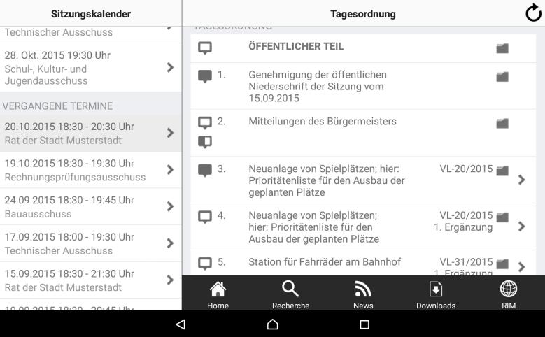 Tagesordnung Auf der Seite Tagesordnung sehen Sie die Details zum Termin, eine Auflistung der verfügbaren Dokumente und die eigentliche Tagesordnung.
