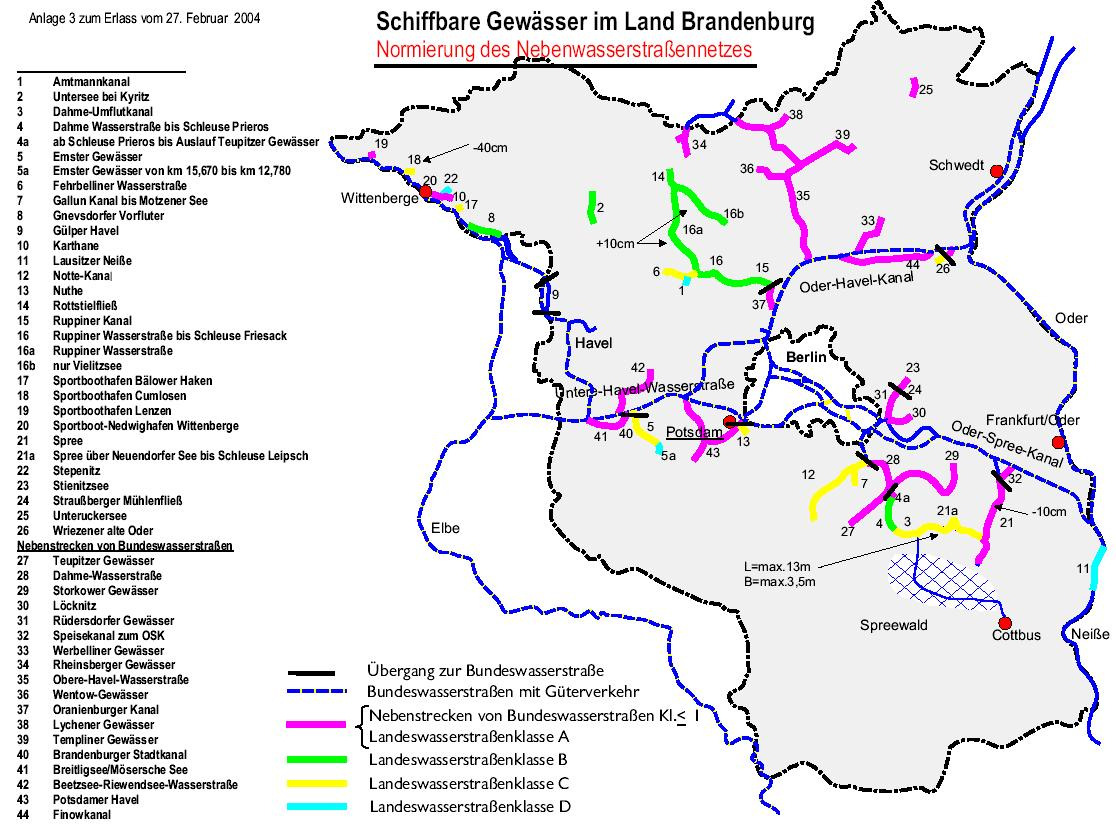 Karte 1: Schiffbare Bundes- und Landesgewässer im Land Brandenburg; Quelle: MIR, 2004. Hinzu kommt der Senftenberger See, der seit 2007 schiffbares Landesgewässer ist.