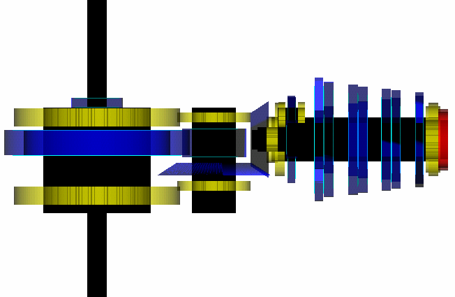 Abbildung 3.1-1 Aufbau des Getriebes: Schwarz: Wellen, Blau: Zahnräder, Gelb: Wälzlager, Rot: Leistungsein- bzw. ausgang. Vom Differential ist nur ein Satz Zwischenräder gezeigt.