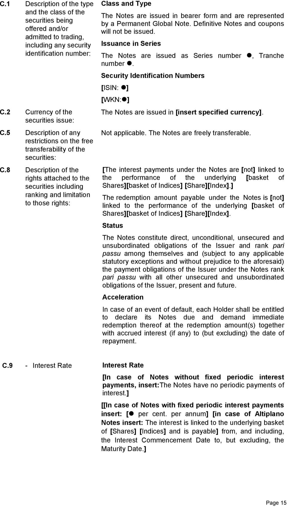 8 Description of the rights attached to the securities including ranking and limitation to those rights: Class and Type The Notes are issued in bearer form and are represented by a Permanent Global