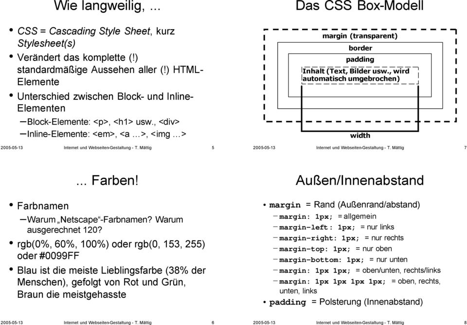 Mättig 5 Das CSS Box-Modell margin (transparent) border padding Inhalt (Text, Bilder usw., wird automatisch umgebrochen) width 2005-05-13 Internet und Webseiten-Gestaltung - T. Mättig 7... Farben!
