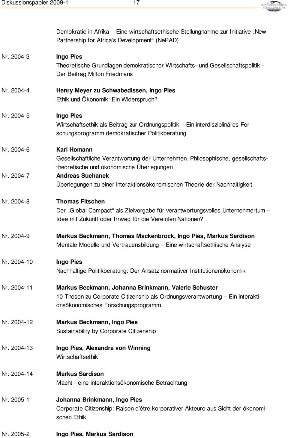 2004-4 Henry Meyer zu Schwabedissen, Ethik und Ökonomik: Ein Widerspruch? Nr.