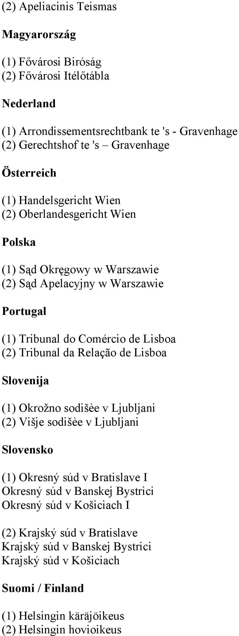 Tribunal da Relação de Lisboa Slovenija (1) Okro no sodi èe v Ljubljani (2) Vi je sodi èe v Ljubljani Slovensko (1) Okresný súd v Bratislave I Okresný súd v Banskej Bystrici