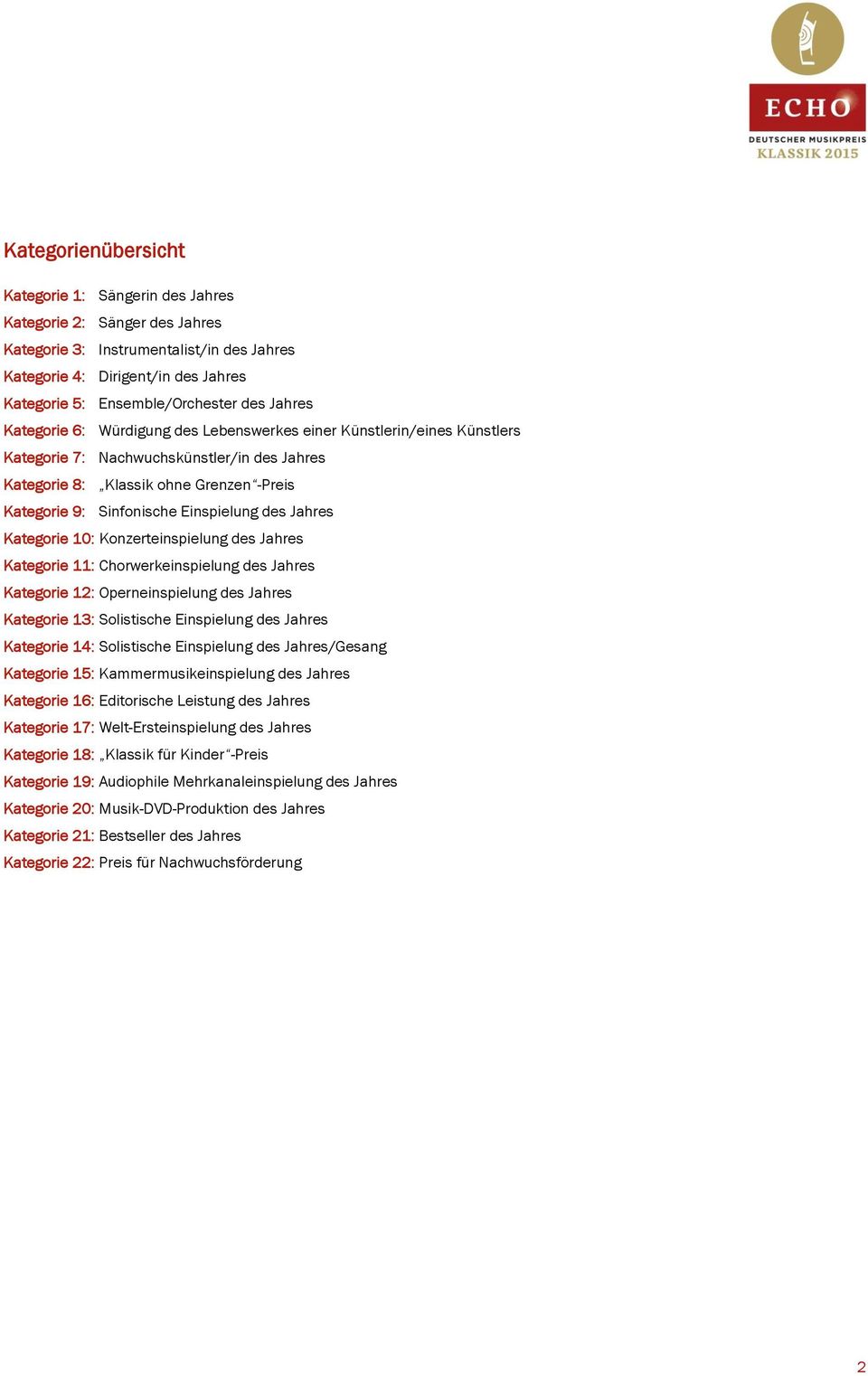 Einspielung des Jahres Kategorie 10: Konzerteinspielung des Jahres Kategorie 11: Chorwerkeinspielung des Jahres Kategorie 12: Operneinspielung des Jahres Kategorie 13: Solistische Einspielung des