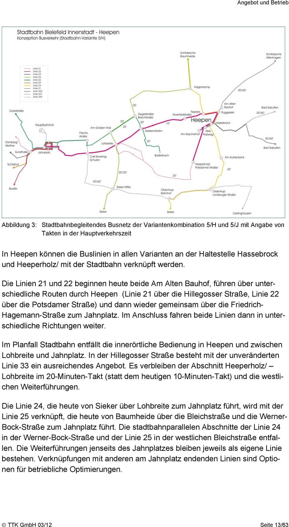 Die Linien 21 und 22 beginnen heute beide Am Alten Bauhof, führen über unterschiedliche Routen durch Heepen (Linie 21 über die Hillegosser Straße, Linie 22 über die Potsdamer Straße) und dann wieder