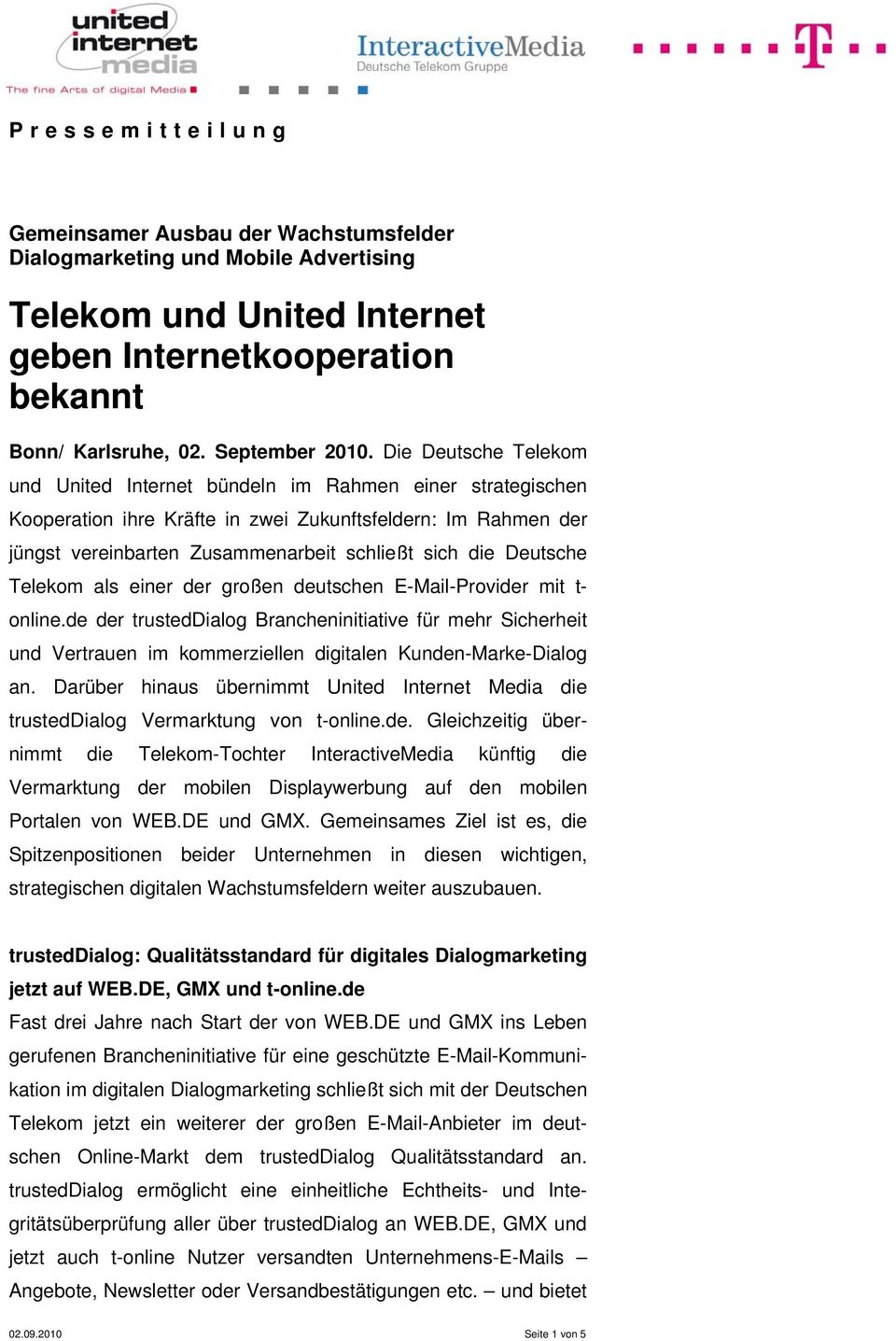 Deutsche Telekom als einer der großen deutschen E-Mail-Provider mit t- online.