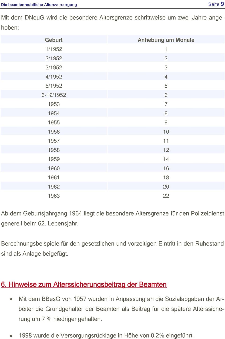 Lebensjahr. Berechnungsbeispiele für den gesetzlichen und vorzeitigen Eintritt in den Ruhestand sind als Anlage beigefügt. 6.