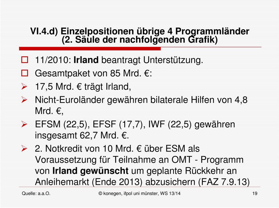 , EFSM (22,5), EFSF (17,7), IWF (22,5) gewähren insgesamt 62,7 Mrd.. 2. Notkredit von 10 Mrd.