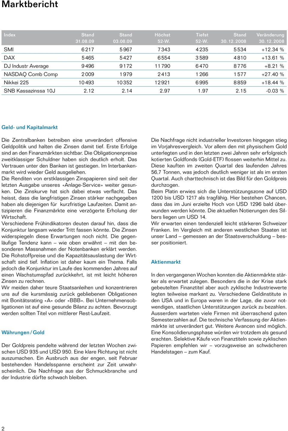 14 2.97 1.97 2.15-0.03 % Geld- und Kapitalmarkt Die Zentralbanken betreiben eine unverändert offensive Geldpolitik und halten die Zinsen damit tief. Erste Erfolge sind an den Finanzmärkten sichtbar.