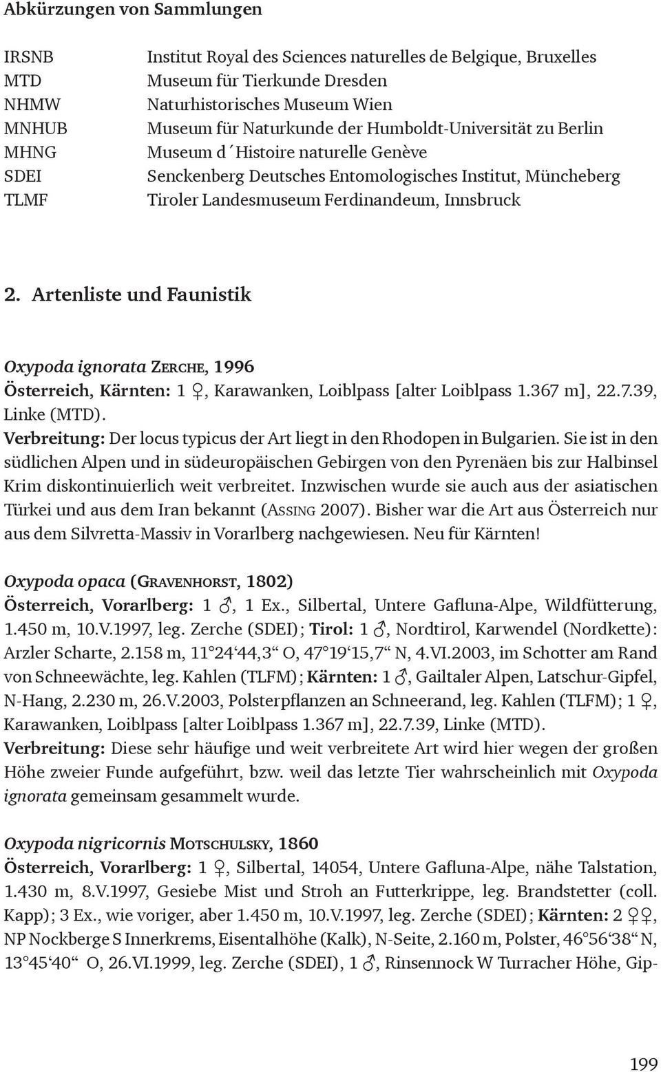 Artenliste und Faunistik Oxypoda ignorata Ze r c h e, 1996 Österreich, Kärnten: 1, Karawanken, Loiblpass [alter Loiblpass 1.367 m], 22.7.39, Linke (MTD).