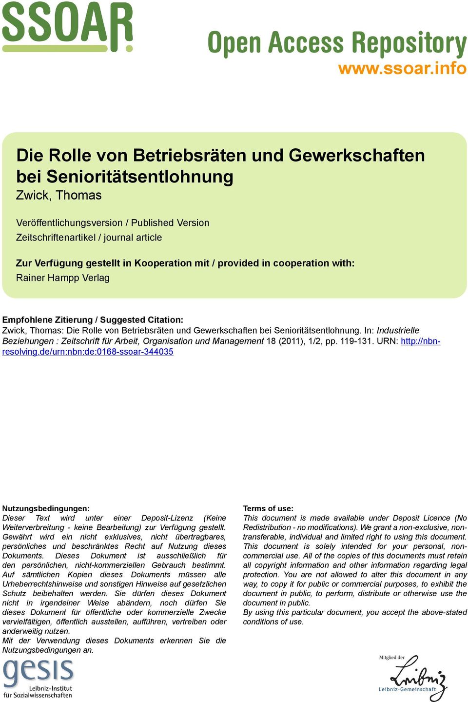 in Kooperation mit / provided in cooperation with: Rainer Hampp Verlag Empfohlene Zitierung / Suggested Citation: Zwick, Thomas: Die Rolle von Betriebsräten und Gewerkschaften bei