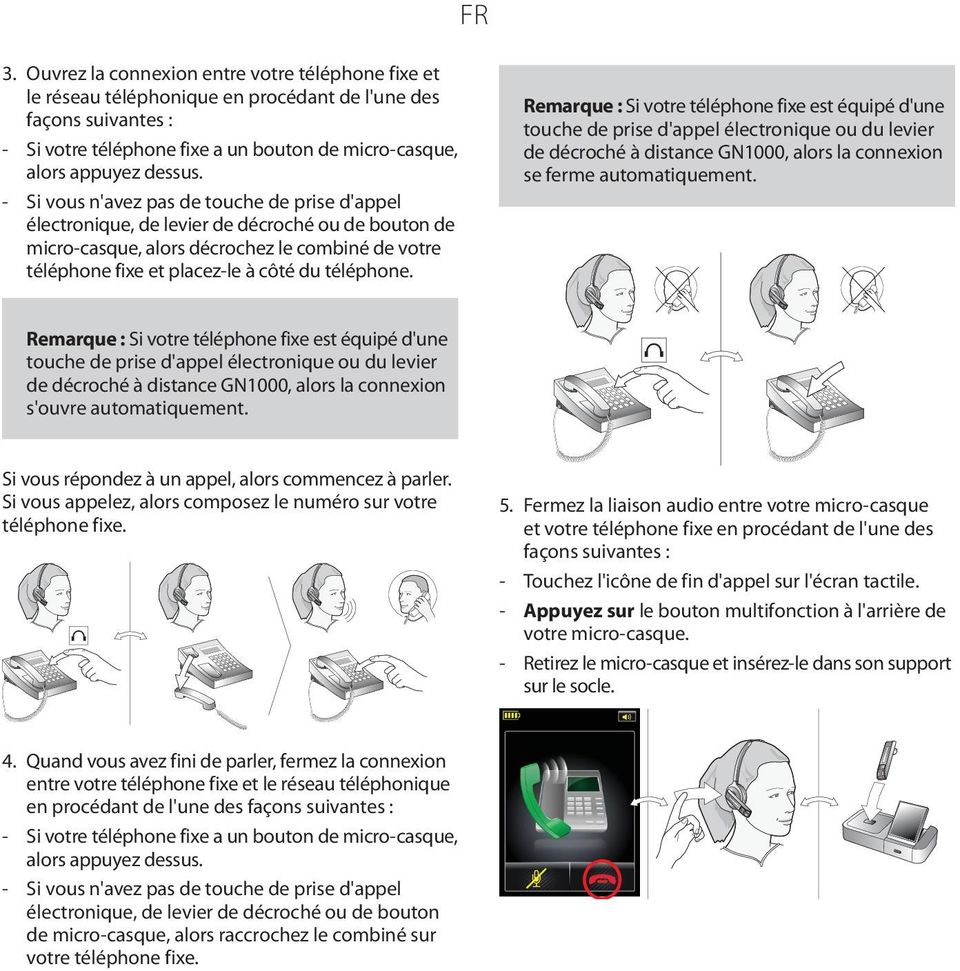 Remarque : Si votre téléphone fixe est équipé d'une touche de prise d'appel électronique ou du levier de décroché à distance GN1000, alors la connexion se ferme automatiquement.