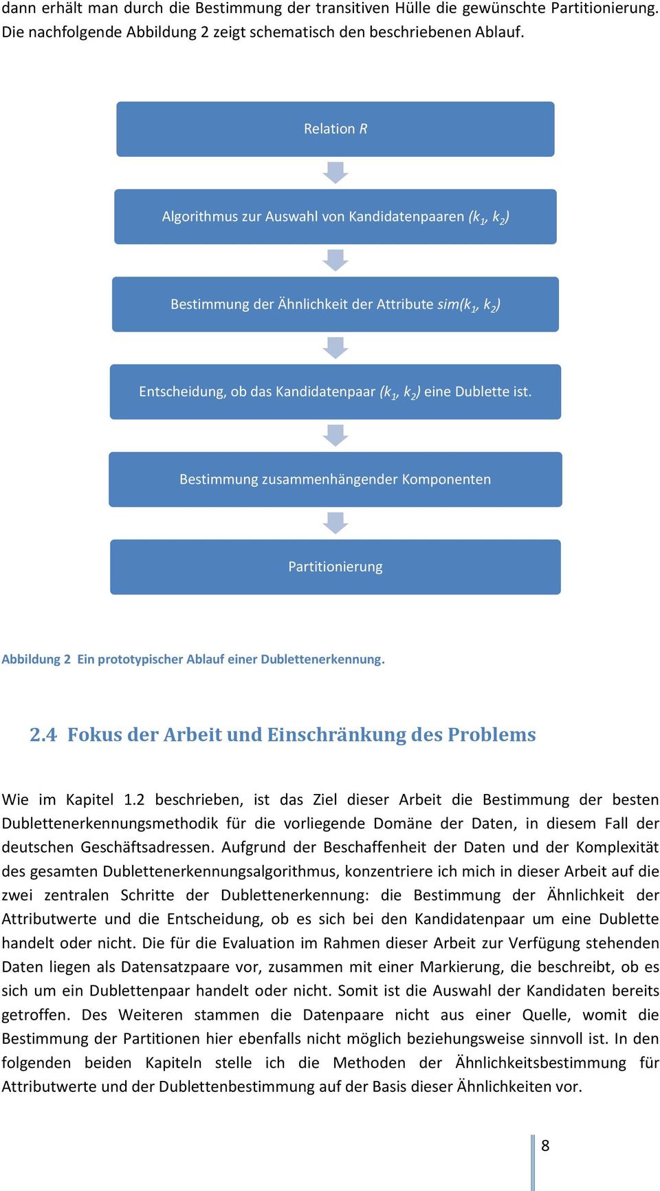 Bestimmung zusammenhängender Komponenten Partitionierung Abbildung 2 Ein prototypischer Ablauf einer Dublettenerkennung. 2.4 Fokus der Arbeit und Einschränkung des Problems Wie im Kapitel 1.