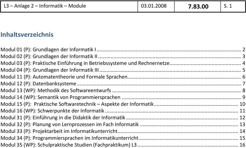 .. 6 Modul 12 (P): Datenbanksysteme... 7 Modul 13 (WP): Methodik des Softwareentwurfs... 8 Modul 14 (WP): Semantik von Programmiersprachen.