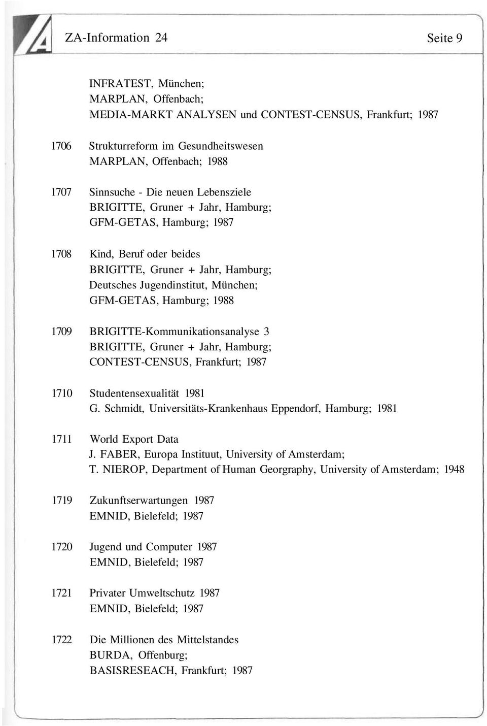 GFM-GETAS, Hamburg; 1988 1709 BRIGITTE-Kommunikationsanalyse 3 BRIGITTE, Gruner + Jahr, Hamburg; CONTEST-CENSUS, Frankfurt; 1987 1710 Studentensexualität 1981 G.