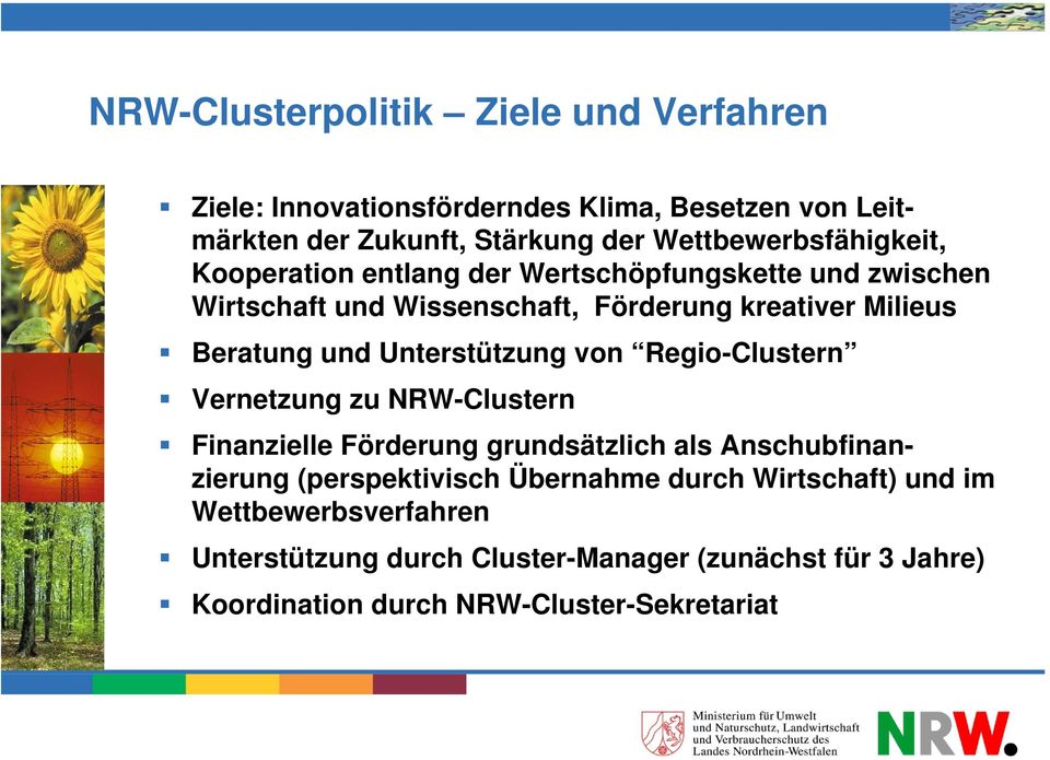 Beratung und Unterstützung von Regio-Clustern Vernetzung zu NRW-Clustern Finanzielle Förderung grundsätzlich als Anschubfinanzierung