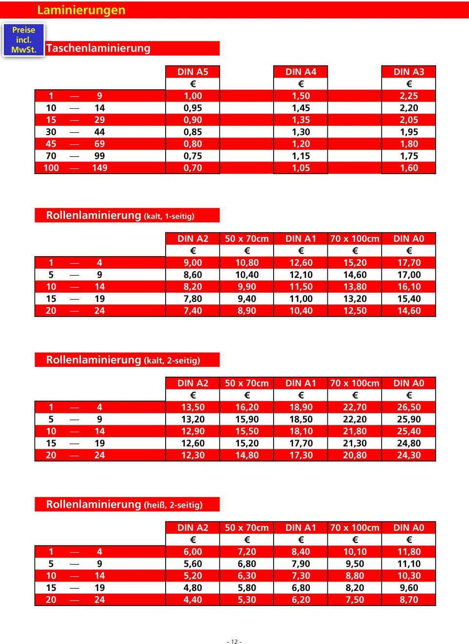 11,00 13,20 15,40 20 24 7,40 8,90 10,40 12,50 14,60 Rollenlaminierung (kalt, 2-seitig) DIN A2 50 x 70cm DIN A1 70 x 100cm DIN A0 1 4 13,50 16,20 18,90 22,70 26,50 5 9 13,20 15,90 18,50 22,20 25,90 10