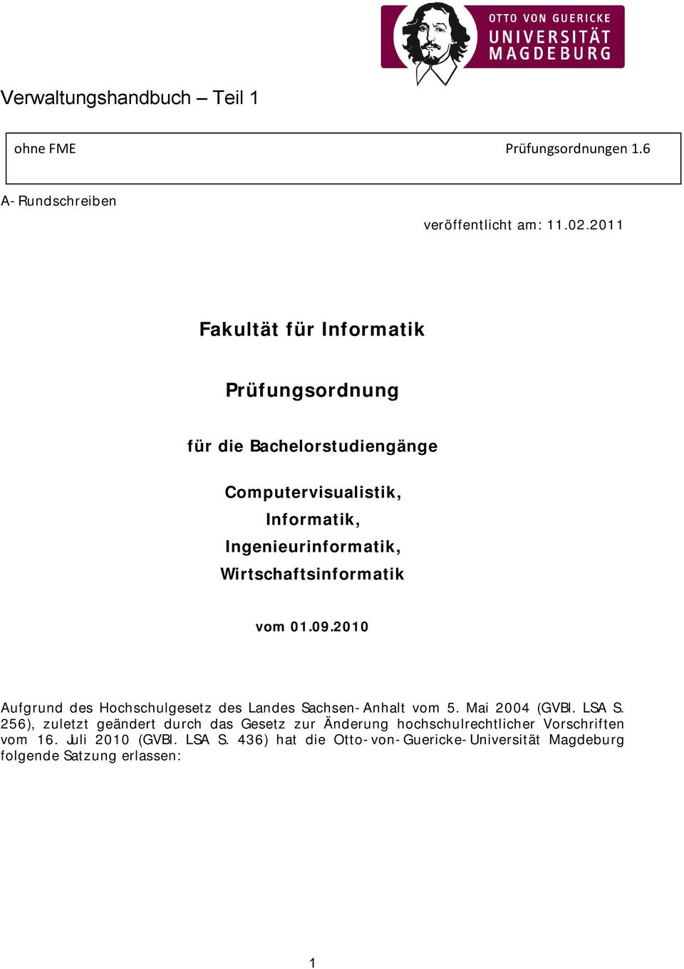 Wirtschaftsinformatik vom 01.09.2010 Aufgrund des Hochschulgesetz des Landes Sachsen-Anhalt vom 5. Mai 2004 (GVBl. LSA S.