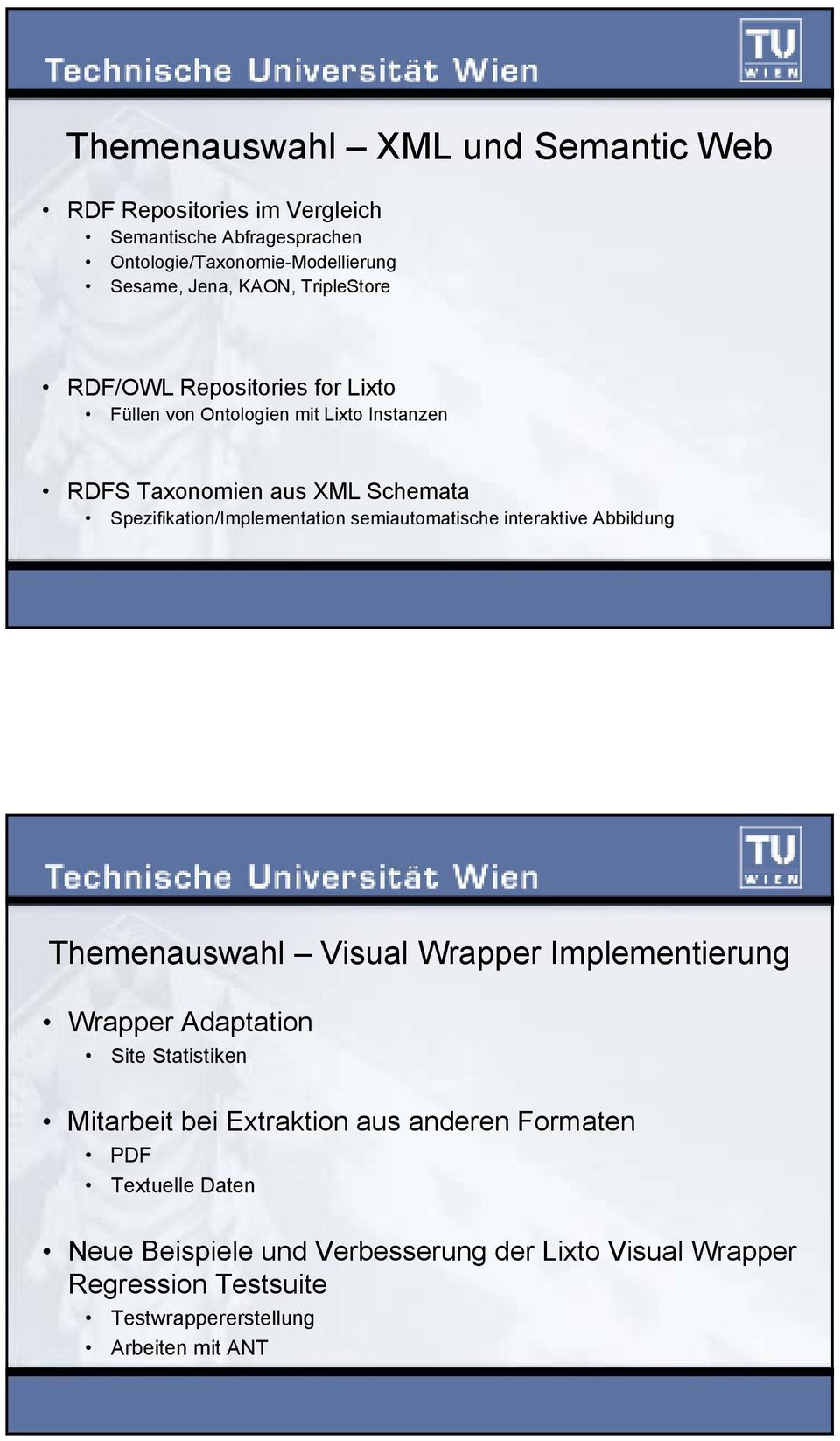 semiautomatische interaktive Abbildung Themenauswahl Visual Wrapper Implementierung Wrapper Adaptation Site Statistiken Mitarbeit bei Extraktion aus