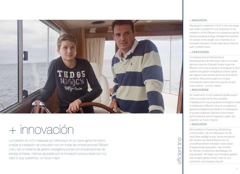 efficient line + innovation Menorquin s investment in R+D in the new range has made it possible for eco propulsion to be installed in all the Efficient Line vessels as well as having pioneering