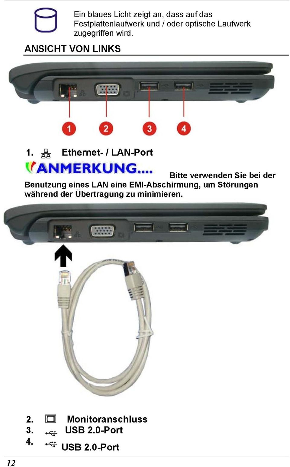 Ethernet- / LAN-Port Bitte verwenden Sie bei der Benutzung eines LAN eine