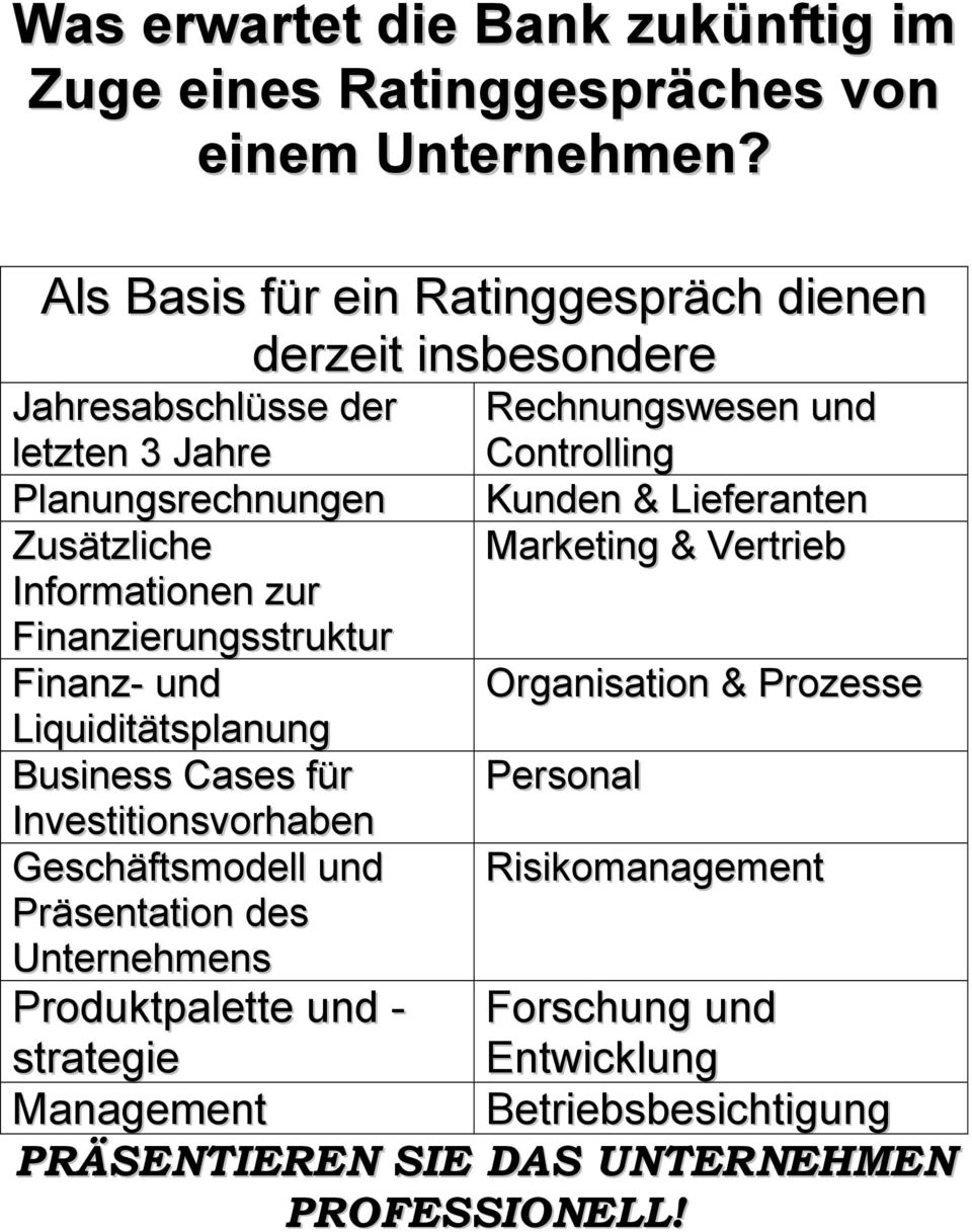 Finanzierungsstruktur Finanz- und Liquiditätsplanung Business Cases für Investitionsvorhaben Geschäftsmodell und Präsentation des Unternehmens Rechnungswesen