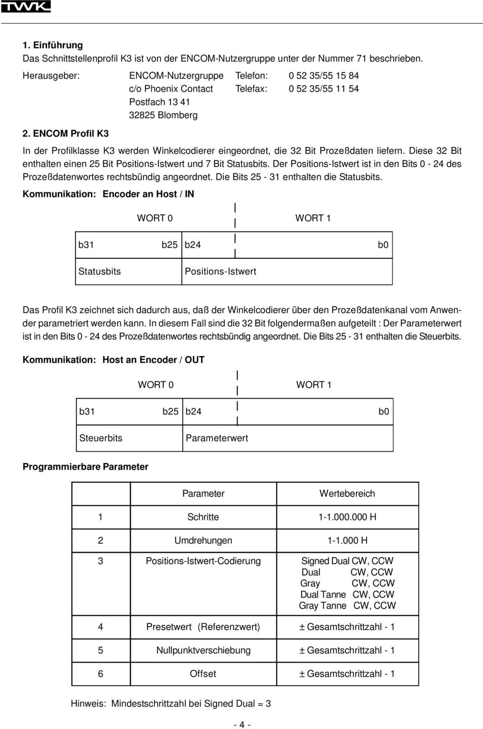 ENCOM Profil K3 In der Profilklasse K3 werden Winkelcodierer eingeordnet, die 32 Bit Prozeßdaten liefern. Diese 32 Bit enthalten einen 25 Bit Positions-Istwert und 7 Bit Statusbits.