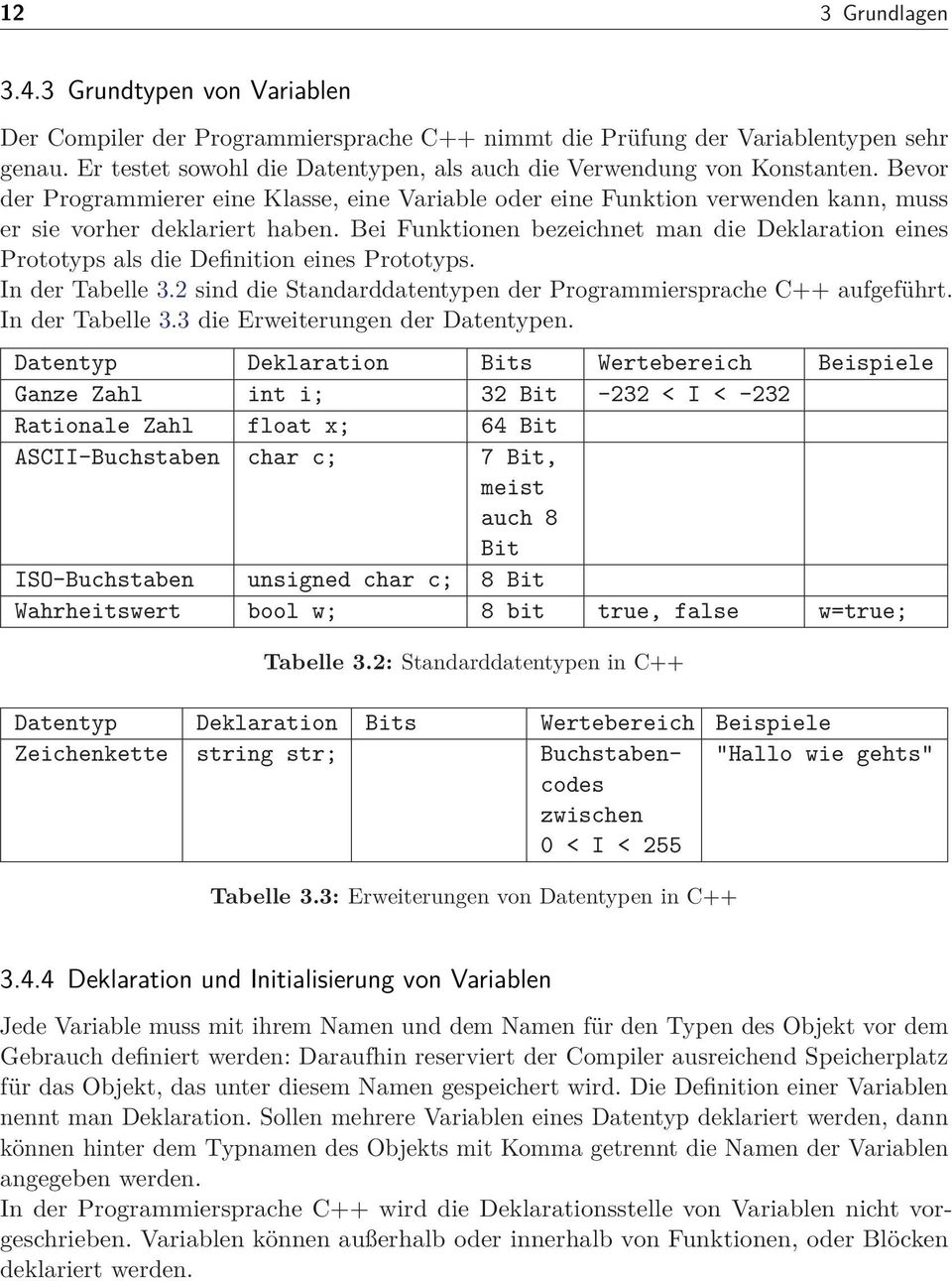 Bei Funktionen bezeichnet man die Deklaration eines Prototyps als die Definition eines Prototyps. In der Tabelle 3.2 sind die Standarddatentypen der Programmiersprache C++ aufgeführt.