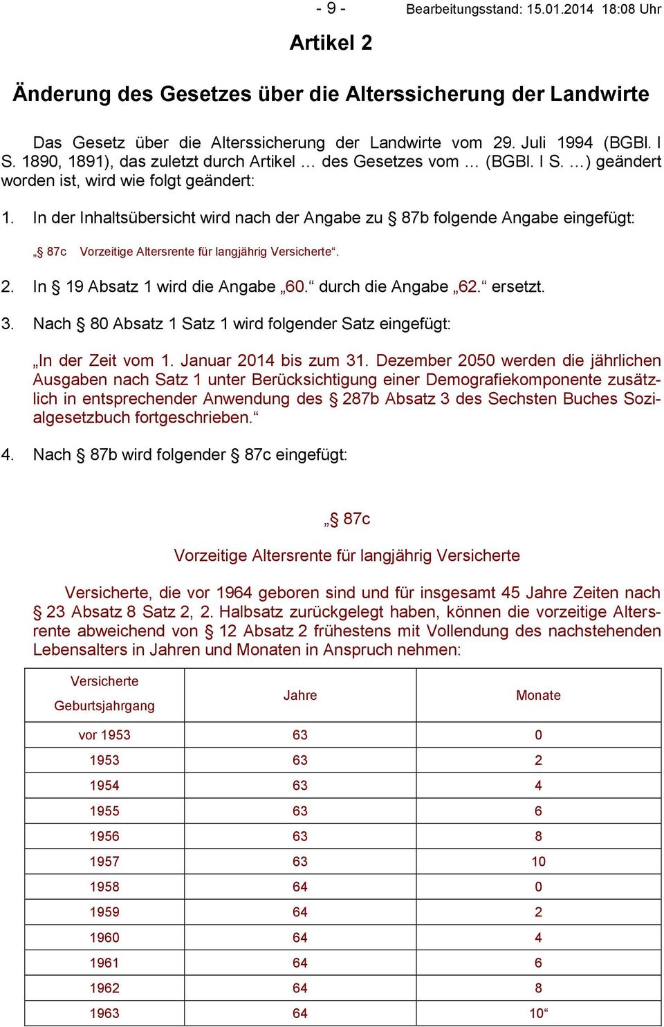 In der Inhaltsübersicht wird nach der Angabe zu 87b folgende Angabe eingefügt: 87c Vorzeitige Altersrente für langjährig Versicherte. 2. In 19 Absatz 1 wird die Angabe 60. durch die Angabe 62.