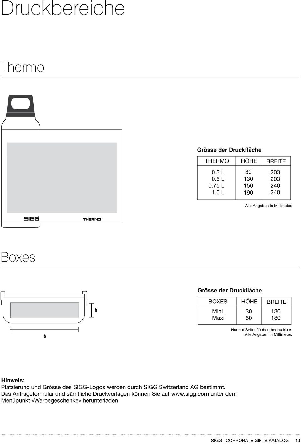 Boxes Grösse der Druckfläche BOXES HÖHE BREITE Mini Maxi 30 50 130 180 Nur auf Seitenflächen bedruckbar. Alle Angaben in Millimeter.
