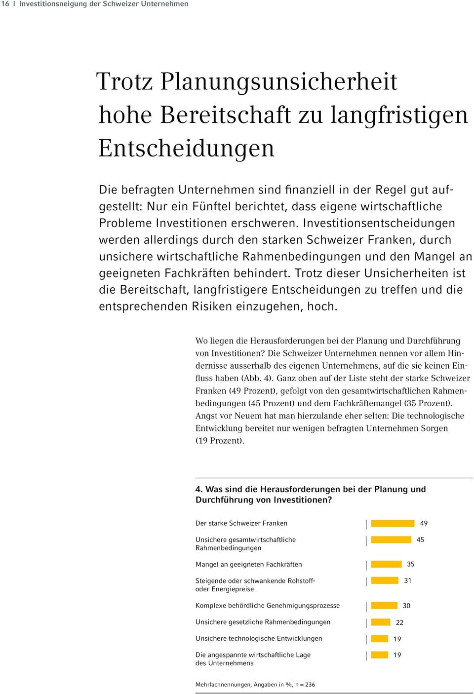 Investitionsentscheidungen werden allerdings durch den starken Schweizer Franken, durch unsichere wirtschaftliche Rahmenbedingungen und den Mangel an geeigneten Fachkräften behindert.