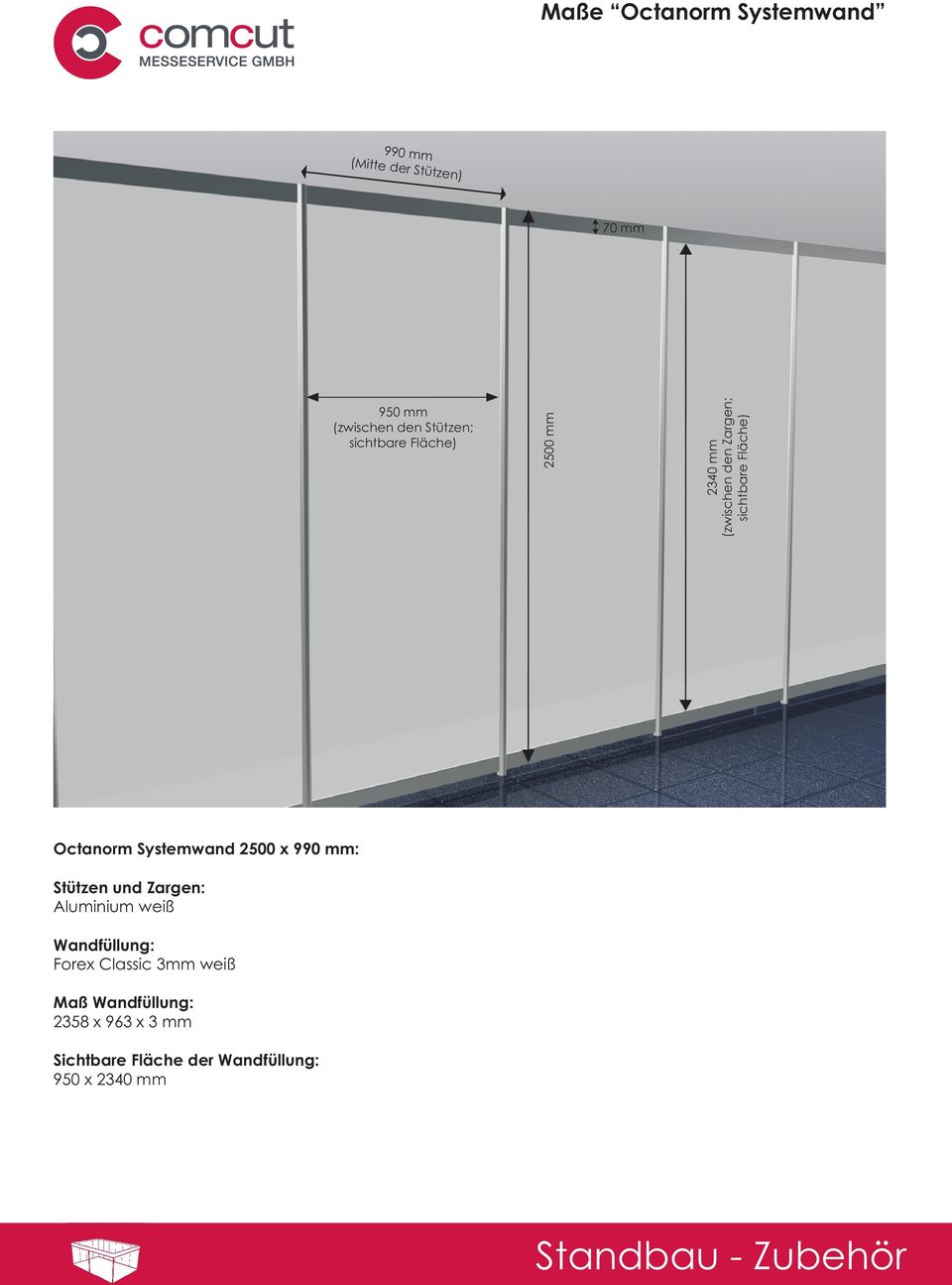 Systemwand 2500 x 990 mm: Stützen und Zargen: Aluminium weiß Wandfüllung: Forex Classic 3mm
