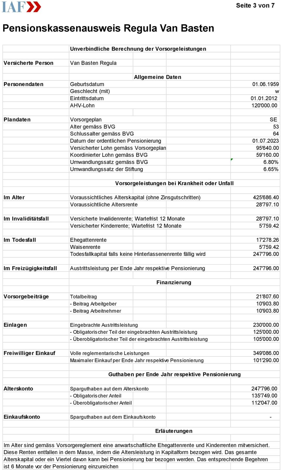 00 Plandaten Vorsorgeplan Alter gemäss BVG Schlussalter gemäss BVG Datum der ordentlichen Pensionierung Versicherter Lohn gemäss Vorsorgeplan Koordinierter Lohn gemäss BVG Umwandlungssatz gemäss BVG