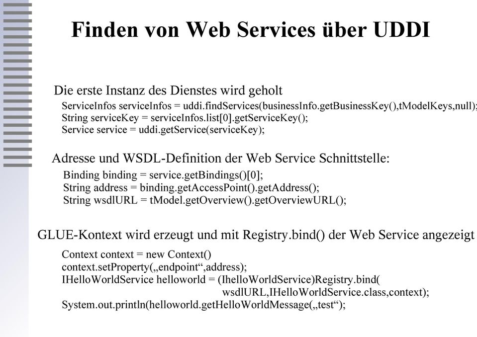 getservice(servicekey); Adresse und WSDL-Definition der Web Service Schnittstelle: Binding binding = service.getbindings()[0]; String address = binding.getaccesspoint().